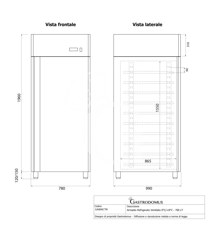 Armario refrigerado ventilado 0°C/+8°C – 700 L para bandejas 60×40 / 60×80