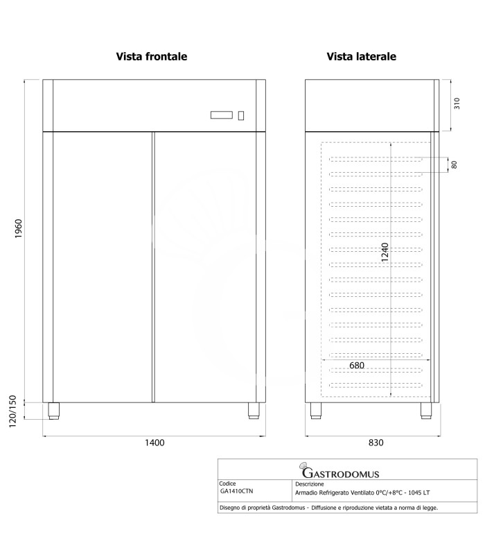 Armario refrigerado ventilado, temperatura 0°C/+8°C, capacidad 1045 LT