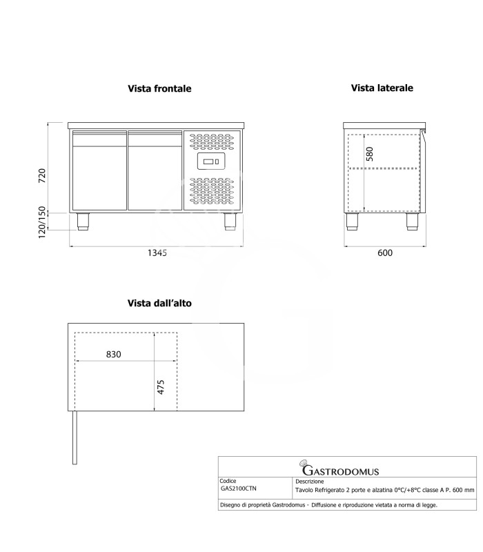 Mesa refrigerada 2 puertas 0°C/+8°C – Clase energética A – Profundidad 600 mm