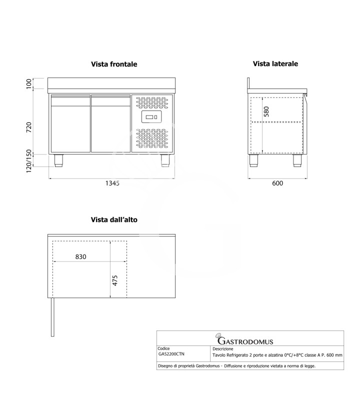 Mesa refrigerada 2 puertas con alzatina 0°C/+8°C – Clase energética A – Profundidad 600 mm