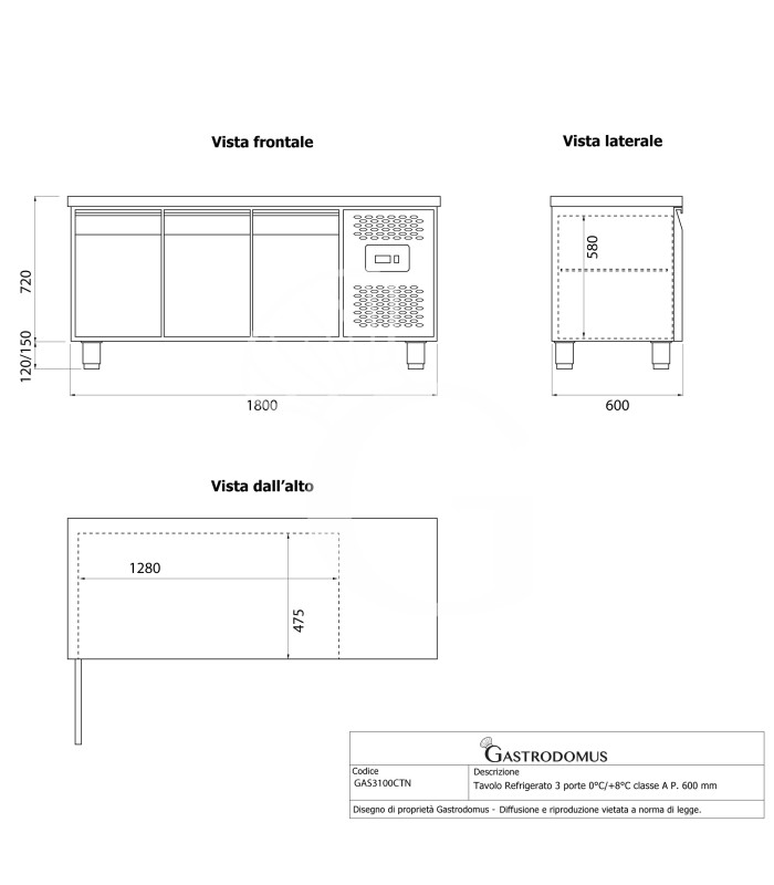Mesa refrigerada 3 puertas 0°C/+8°C – Clase energética A – Profundidad 600 mm