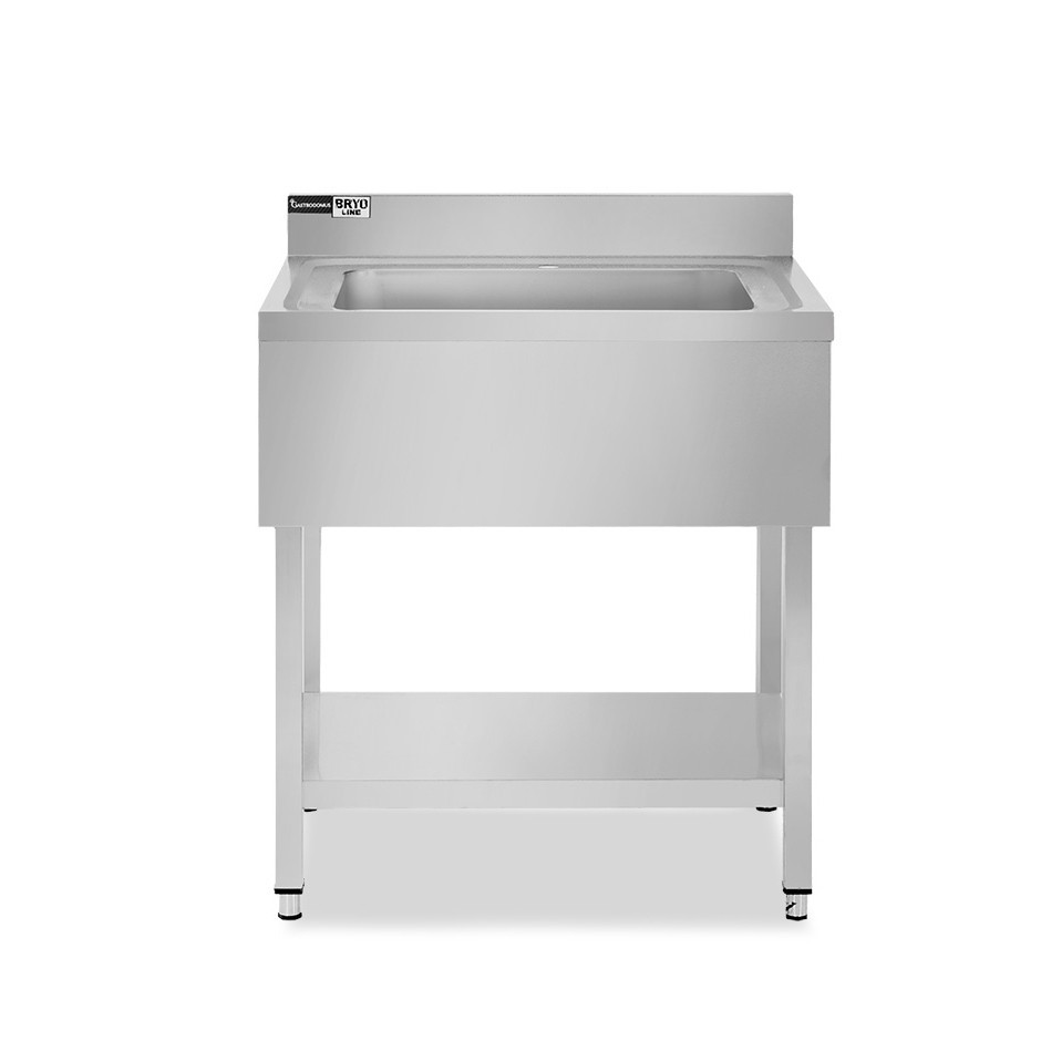 Fregadero de acero inoxidable con 1 cubeta, estante, peto L 800 mm x P 700 mm x A 965 mm- con agujero para el grifo Ø 32 mm
