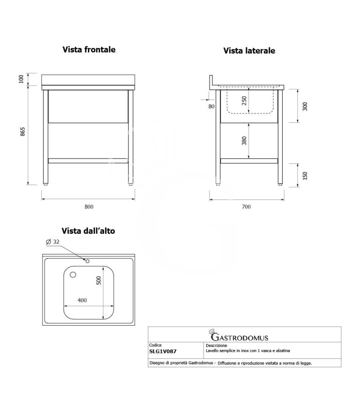Fregadero de acero inoxidable con 1 cubeta, estante, peto L 800 mm x P 700 mm x A 965 mm- con agujero para el grifo Ø 32 mm