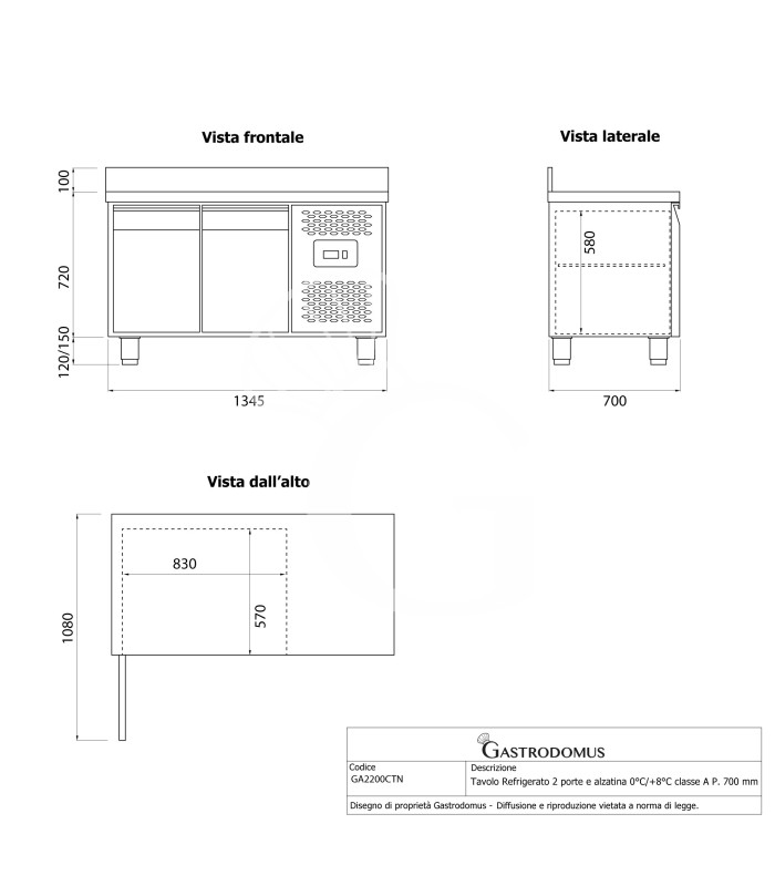Mesa refrigerada 2 puertas con alzatina 0°C/+8°C – Clase energética A – Profundidad 700 mm