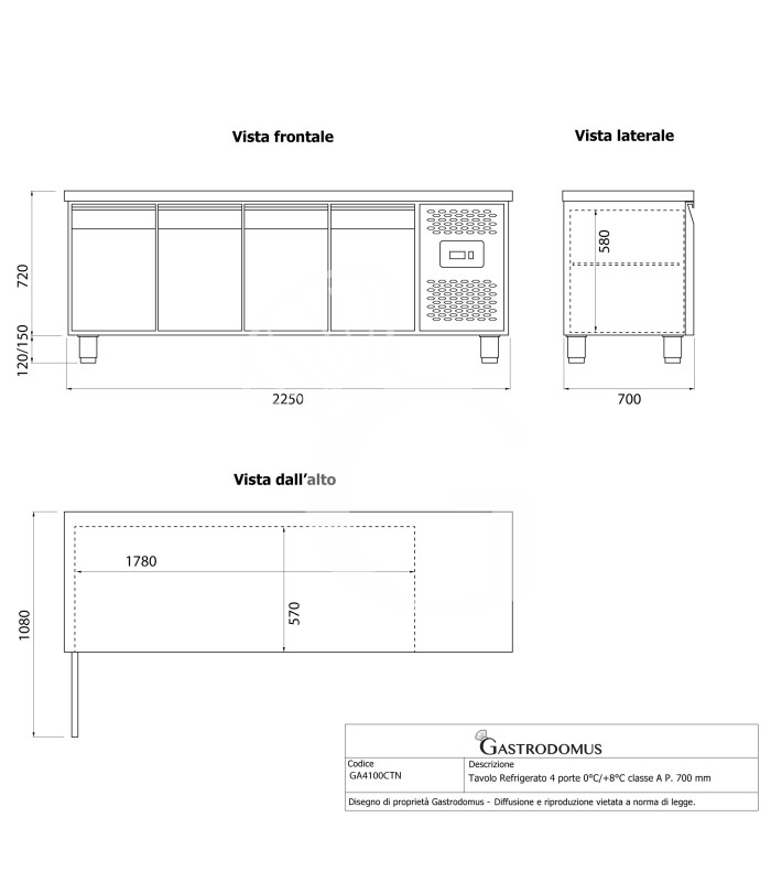 Mesa refrigerada de 4 puertas, 0 °C/+8 °C, clase energética A, profundidad de 700 mm