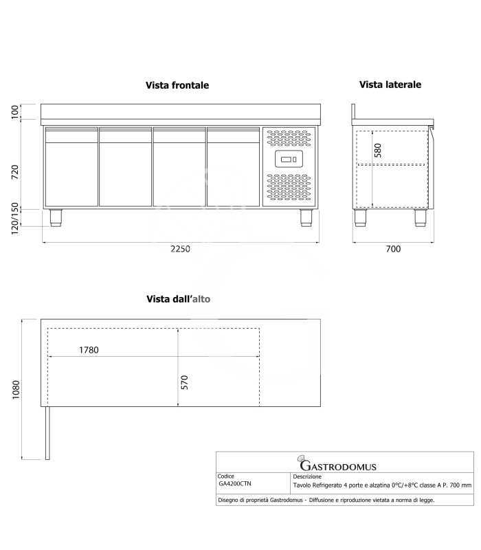 Mesa refrigerada de 4 puertas con peto trasero, 0 °C/+8 °C, clase energética A, profundidad de 700 mm