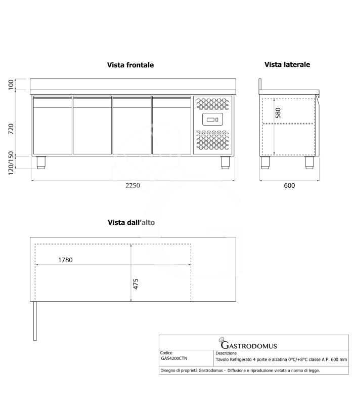 Mesa refrigerada 4 puertas con alzatina 0°C/+8°C – Clase energética A – Profundidad 600 mm