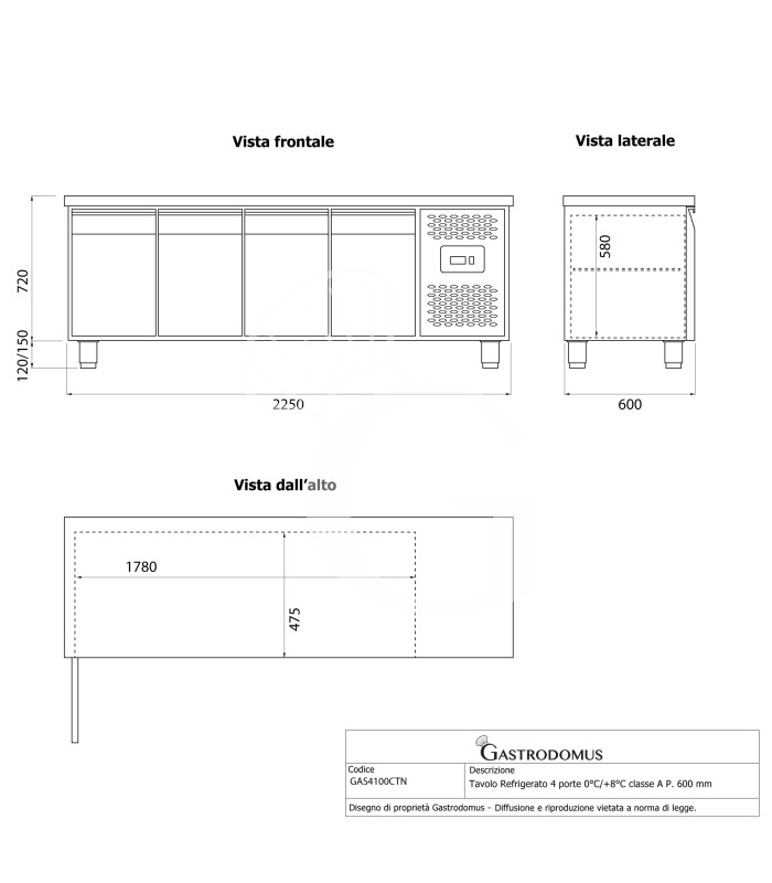 Mesa refrigerada 4 puertas 0°C/+8°C – Clase energética A – Profundidad 600 mm
