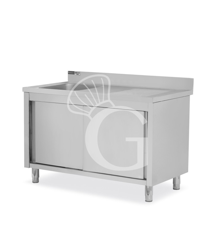 Fregadero con mueble 2 puertas correderas, cubeta, escurridor a la derecha y peto L1500mmxP700mmxA965mm agujero grifo Ø32mm