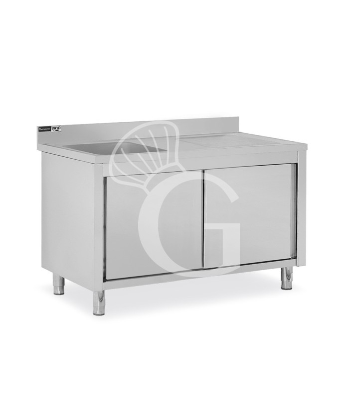 Fregadero con mueble 2 puertas correderas, cubeta, escurridor a la derecha y peto L1500mmxP700mmxA965mm agujero grifo Ø32mm
