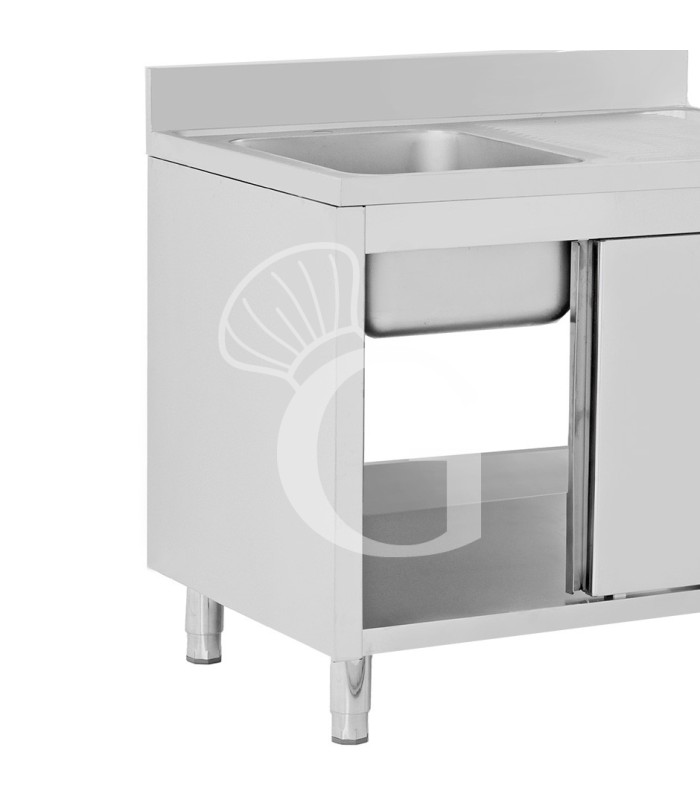 Fregadero con mueble 2 puertas correderas, cubeta, escurridor a la derecha y peto L1500mmxP700mmxA965mm agujero grifo Ø32mm