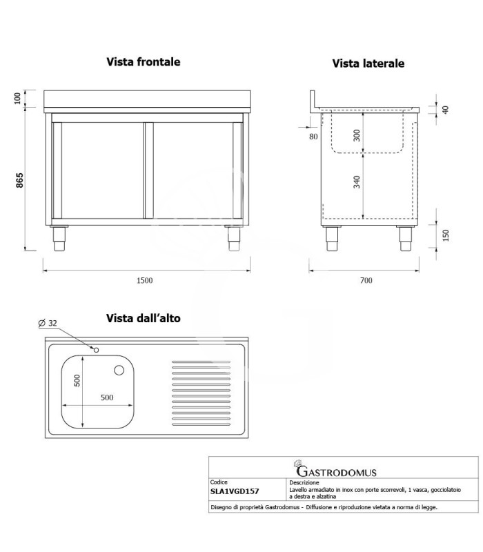 Fregadero con mueble 2 puertas correderas, cubeta, escurridor a la derecha y peto L1500mmxP700mmxA965mm agujero grifo Ø32mm
