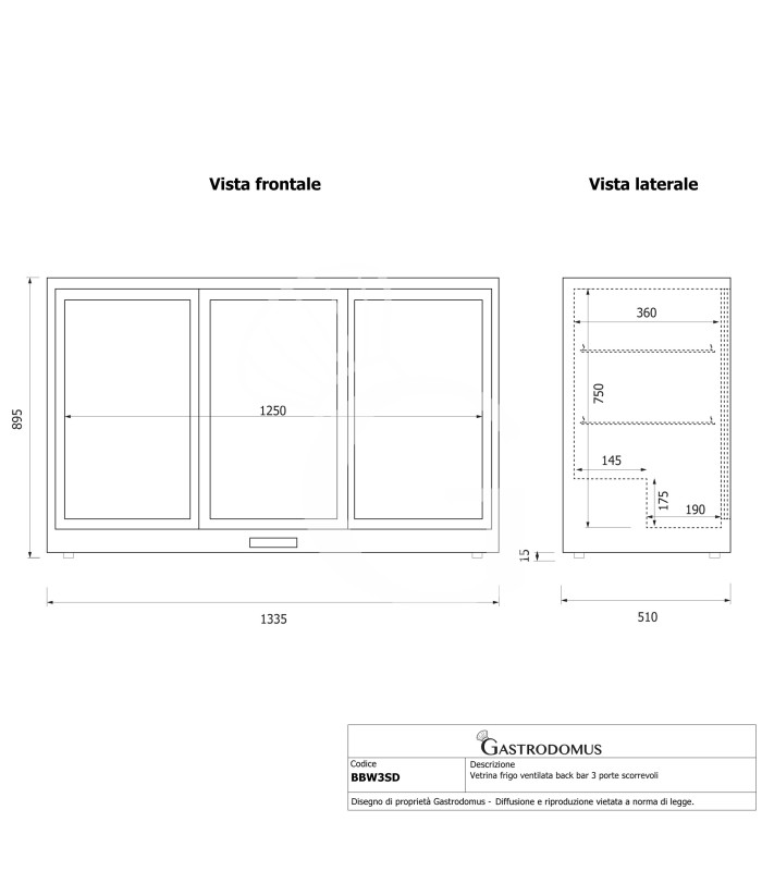 Vitrina frigorífica ventilada de sobremostrador o trasbarra horizontal, 3 puertas correderas – 303 L – temperatura 2°C/+10°C