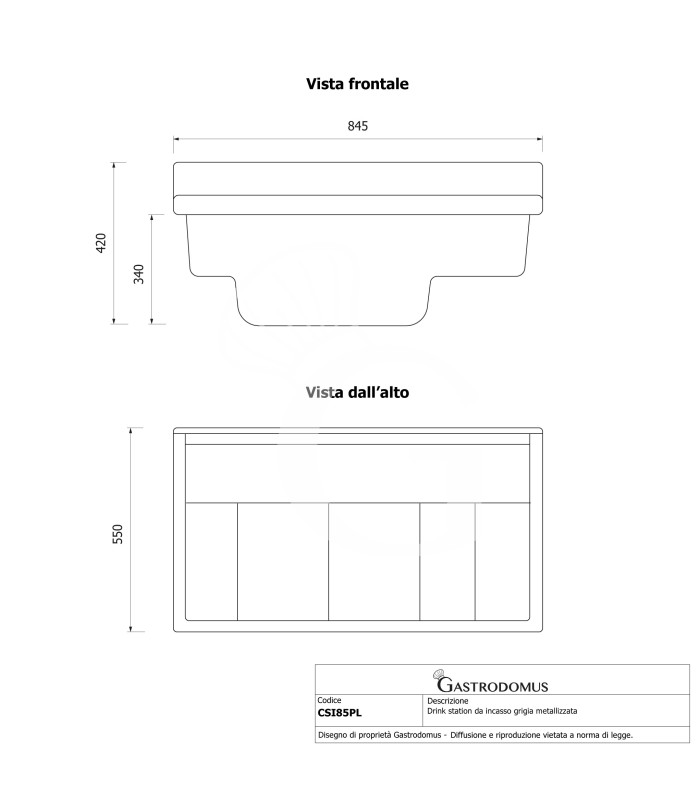 Posicionador de bebidas integrable gris metalizado L 845 mm x P 550 mm x H 420 mm