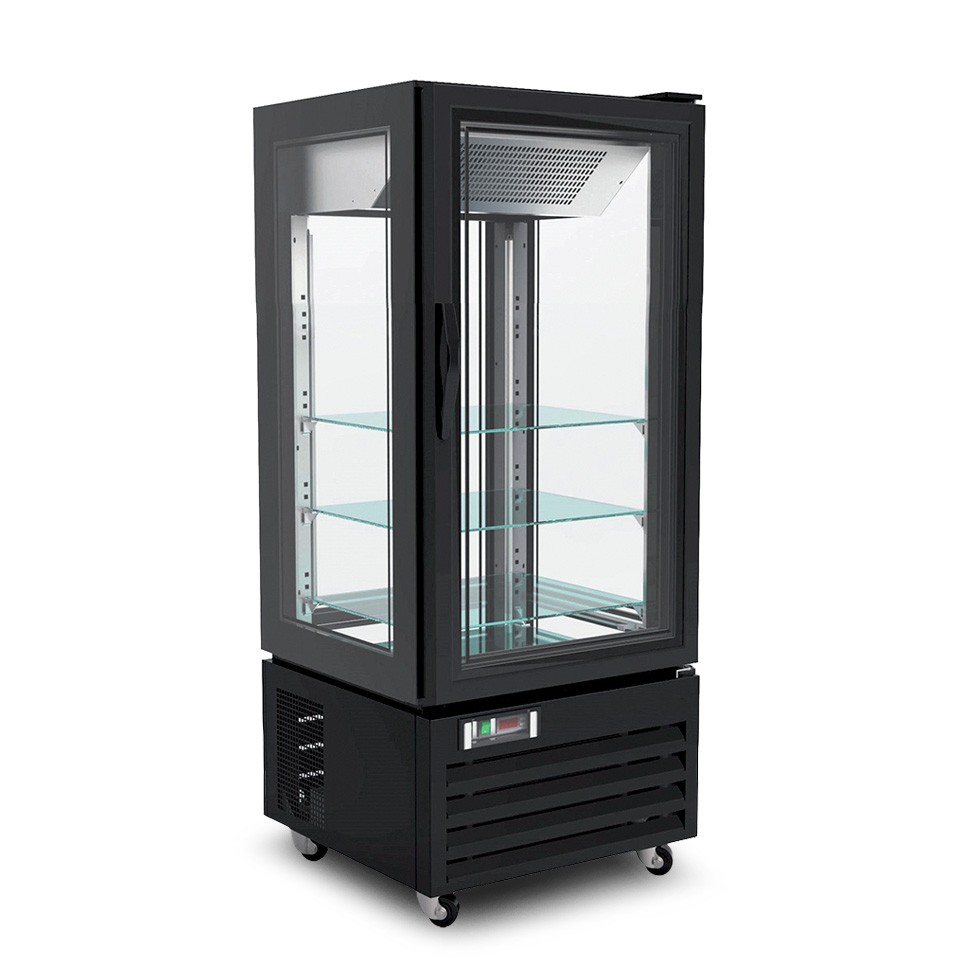 Armario expositor negativo ventilado, 4 lados cristal,  color negro , 280 LT, Temperatura -18/-22 ºC clase energética D C