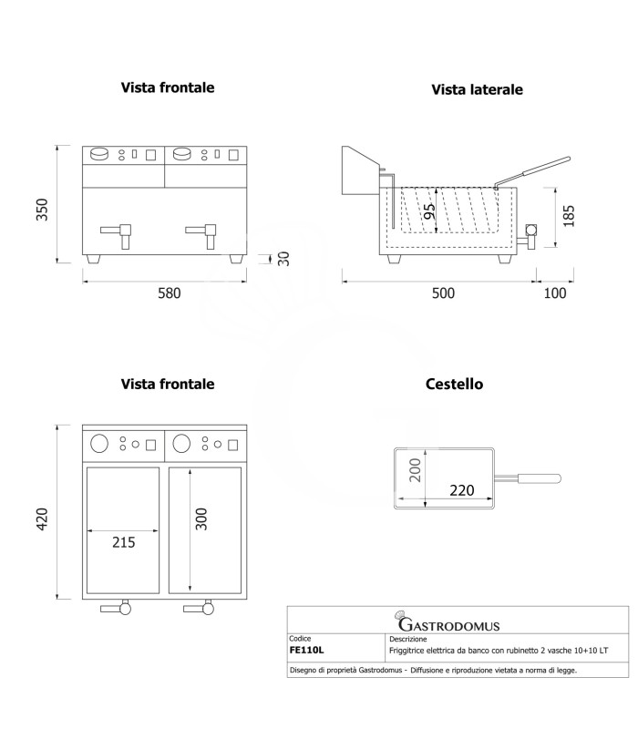 Freidora para bar eléctrica de sobremesa - 2 cubas - capacidad 10+10 LT - 3+3 kW Monofásica