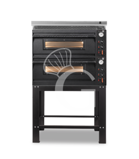 Horno eléctrico mecánico para 4+4 pizzas Ø 350 mm – 12 kW, diseño negro, con campana inox y soporte