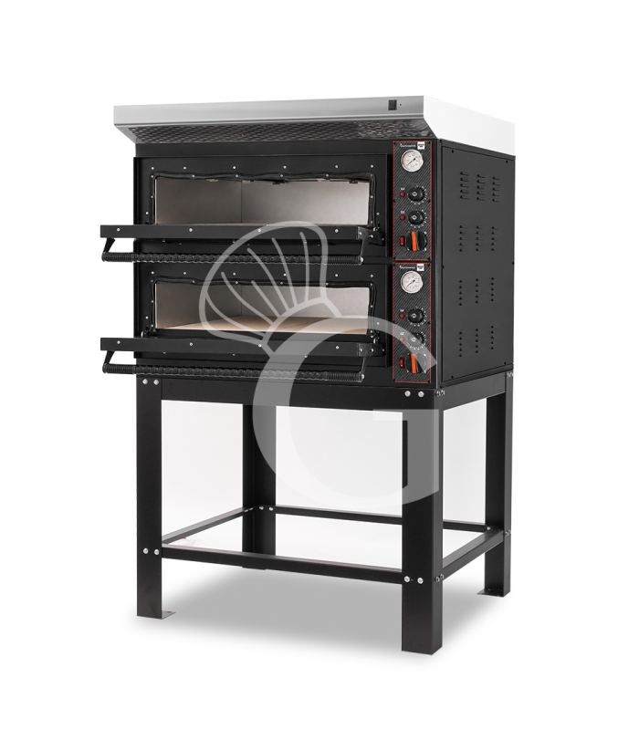 Horno eléctrico mecánico para 4+4 pizzas Ø 350 mm – 12 kW, diseño negro, con campana inox y soporte