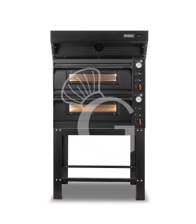 Horno eléctrico mecánico para 4+4 pizzas Ø 350 mm – 12 kW, diseño negro, con campana de condensación negra y soporte