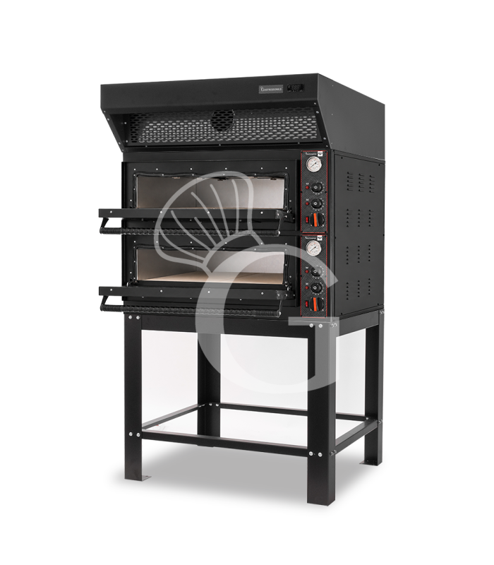 Horno eléctrico mecánico para 4+4 pizzas Ø 350 mm – 12 kW, diseño negro, con campana de condensación negra y soporte