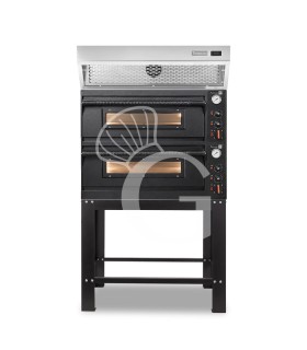Horno eléctrico mecánico para 4+4 pizzas Ø 350 mm – 12 kW, diseño negro, con campana de condensación inox y soporte