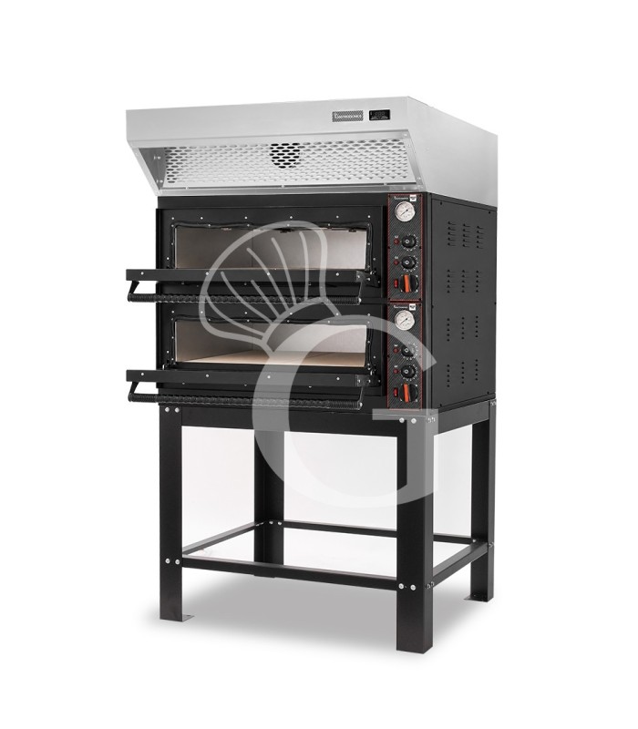 Horno eléctrico mecánico para 4+4 pizzas Ø 350 mm – 12 kW, diseño negro, con campana de condensación inox y soporte