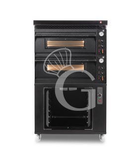 Horno eléctrico mecánico para 4+4 pizzas Ø 350 mm – 12 kW, diseño negro, con campana negra y cámara de fermentación negra