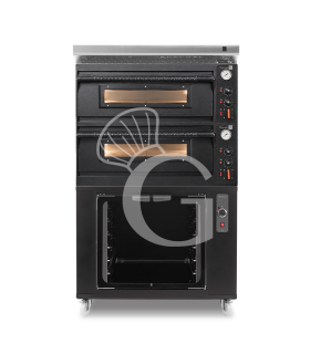 Horno eléctrico mecánico para 4+4 pizzas Ø 350 mm – 12 kW, diseño negro, con campana inox y cámara de fermentación negra