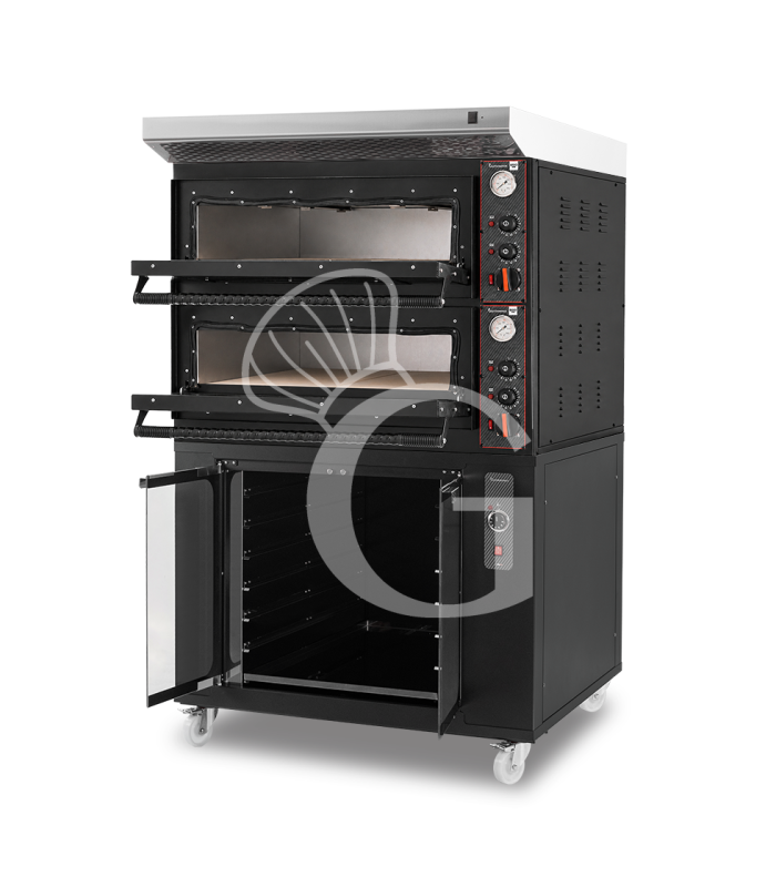 Horno eléctrico mecánico para 4+4 pizzas Ø 350 mm – 12 kW, diseño negro, con campana inox y cámara de fermentación negra