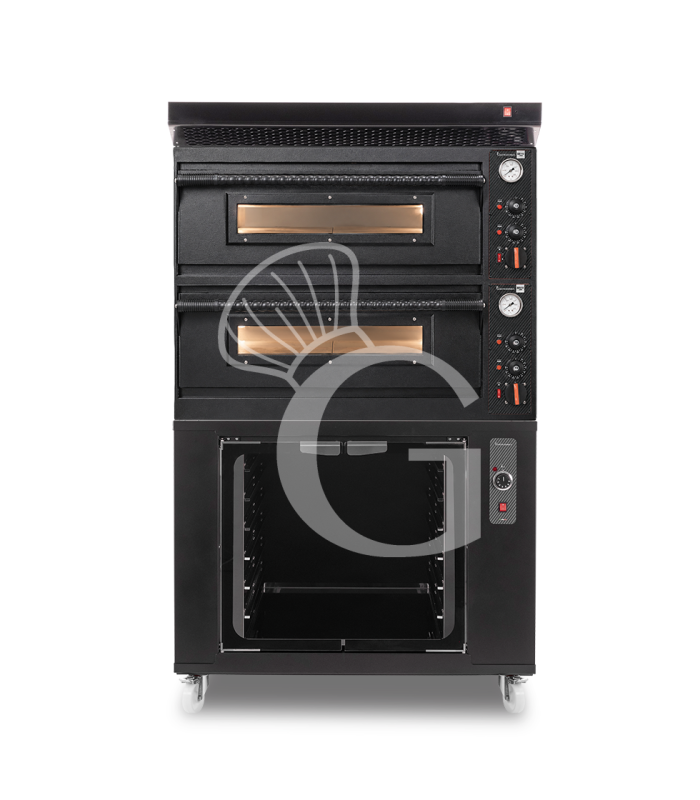 Horno eléctrico mecánico 4+4 pizzas Ø 350 mm – 12 kW, diseño negro con campana de condensación negra y cámara inox