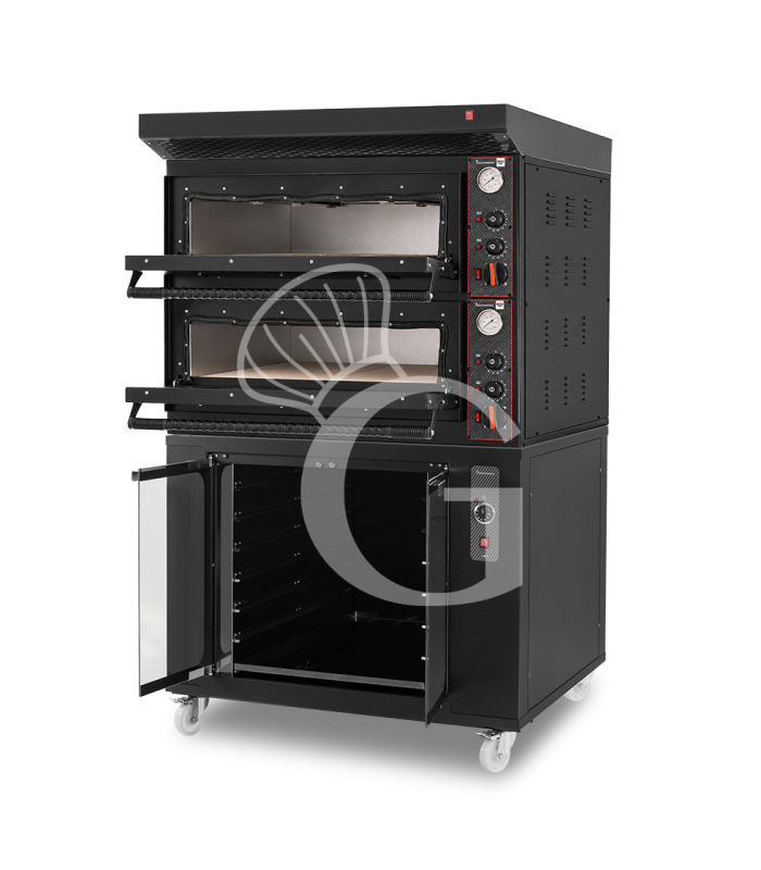 Horno eléctrico mecánico 4+4 pizzas Ø 350 mm – 12 kW, diseño negro con campana de condensación negra y cámara inox