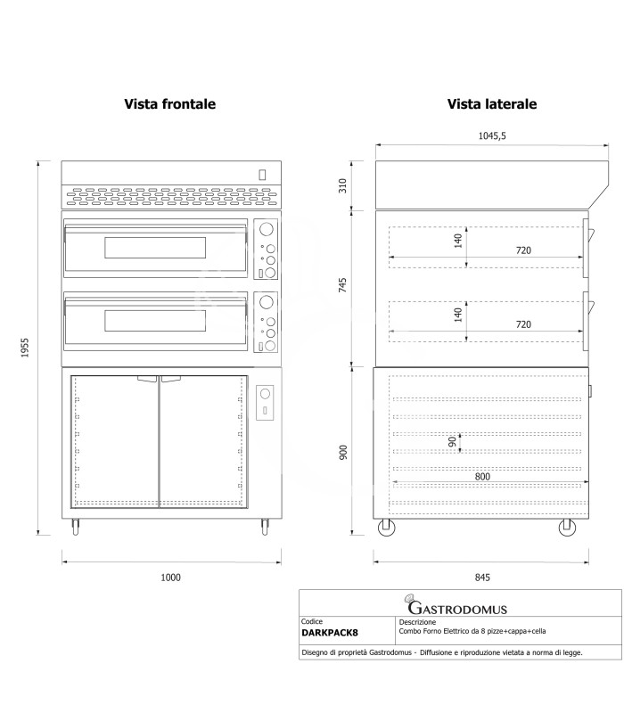 Horno eléctrico mecánico 4+4 pizzas Ø 350 mm – 12 kW, diseño negro con campana inox y cámara de fermentación negra