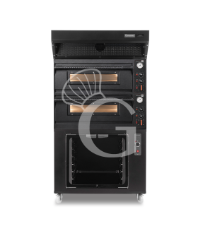 Horno eléctrico mecánico para 4+4 pizzas Ø 350 mm –12 kW, negro, con campana de condensación y cámara de fermentación negra