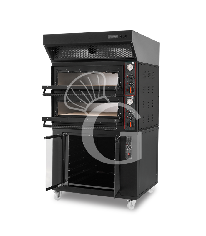 Horno eléctrico mecánico para 4+4 pizzas Ø 350 mm –12 kW, negro, con campana de condensación y cámara de fermentación negra