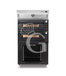 Horno eléctrico mecánico 4+4 pizzas Ø 350 mm – 12 kW, diseño negro con campana inox y cámara de fermentación negra
