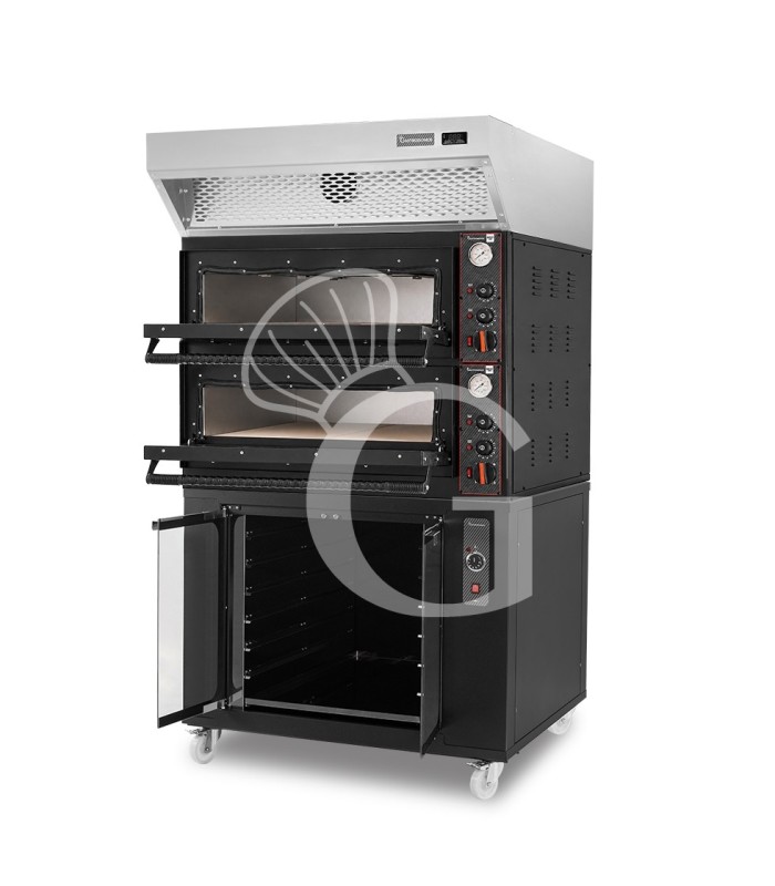 Horno eléctrico mecánico 4+4 pizzas Ø 350 mm – 12 kW, diseño negro con campana inox y cámara de fermentación negra