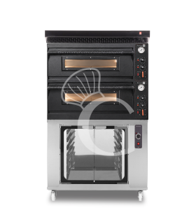 Horno eléctrico mecánico 4+4 pizzas Ø 350 mm – 12 kW, diseño negro con campana de condensación negra y cámara inox