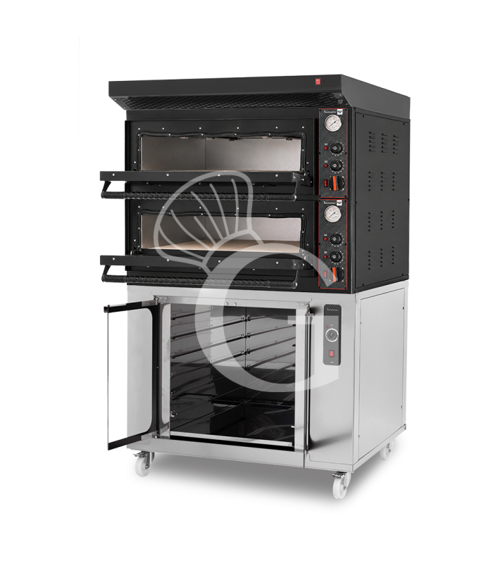 Horno eléctrico mecánico 4+4 pizzas Ø 350 mm – 12 kW, diseño negro con campana de condensación negra y cámara inox