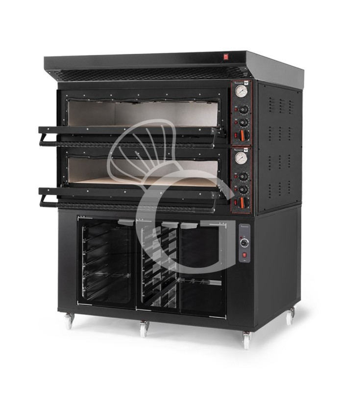Horno eléctrico para 6+6 pizzas de Ø 350 mm, 2 cámaras, control mecánico, 18 kW, diseño negro