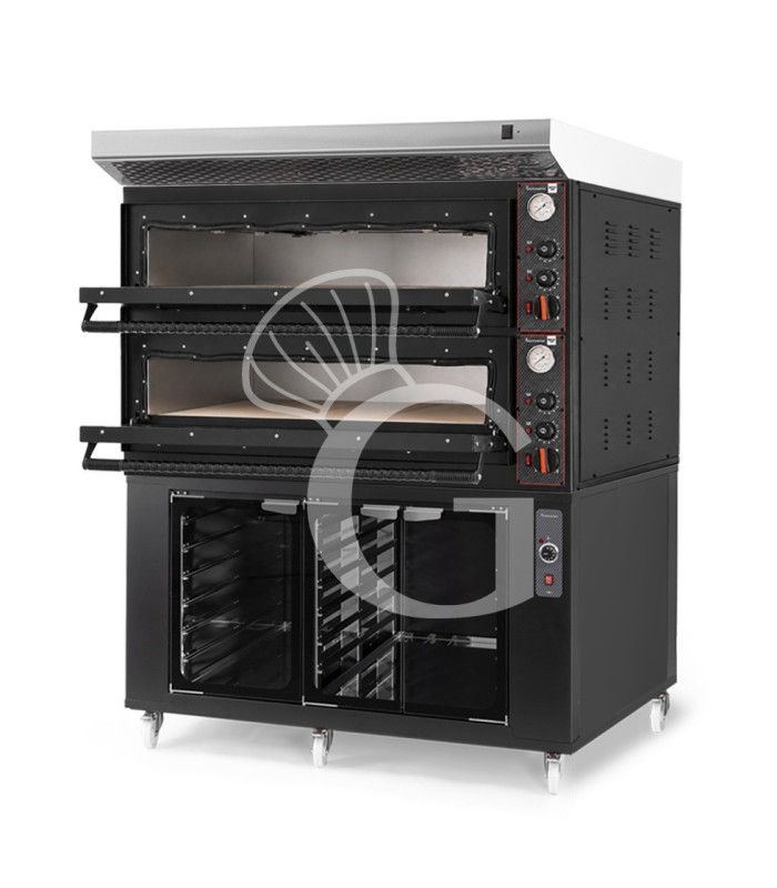 Horno eléctrico para 6+6 pizzas de Ø 350 mm, 2 cámaras, control mecánico, 18 kW, diseño negro