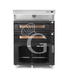 Forno pizza elettrico meccanico 6+6 pizze Ø 350 mm - 18 Kw design nero, cappa a condensazione inox e cella di lievitazione nera