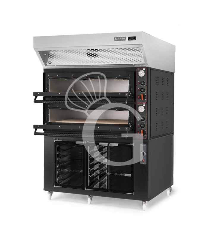 Horno eléctrico 6+6 pizzas Ø 350 mm – 18 kW negro, campana de condensación de acero inoxidable y fermentadora