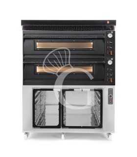 Horno eléctrico mecánico para 6+6 pizzas Ø 350 mm – 18 kW, diseño negro, con campana negra y cámara de fermentación inox