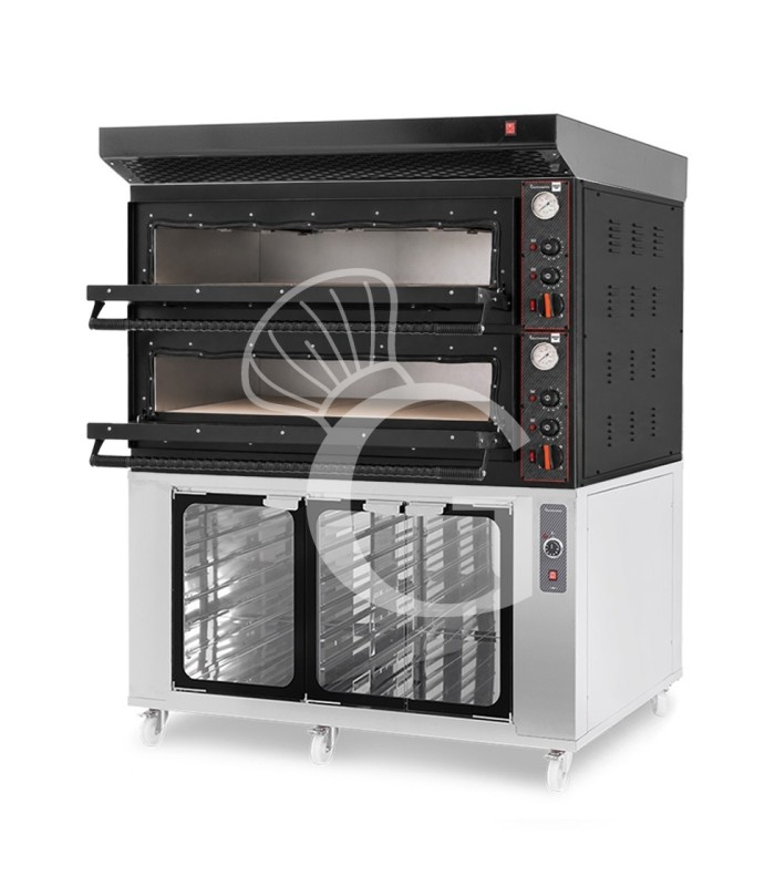 Horno eléctrico mecánico para 6+6 pizzas Ø 350 mm – 18 kW, diseño negro, con campana negra y cámara de fermentación inox