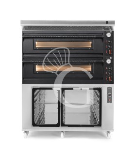 Horno eléctrico mecánico para 6+6 pizzas Ø 350 mm – 18 kW, diseño negro, con campana inox y cámara de fermentación inox