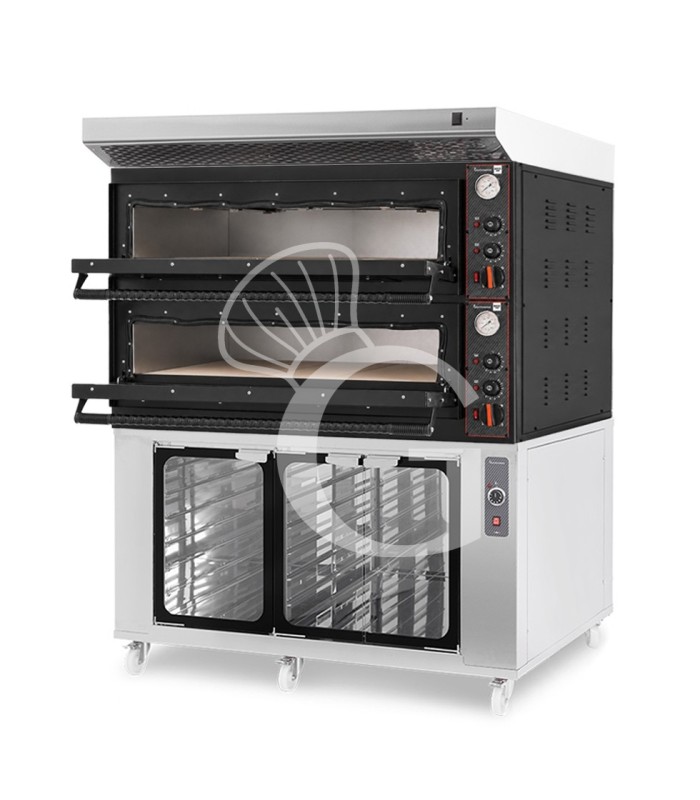 Horno eléctrico mecánico para 6+6 pizzas Ø 350 mm – 18 kW, diseño negro, con campana inox y cámara de fermentación inox
