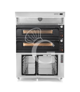Horno eléctrico mecánico para 6+6 pizzas Ø 350mm – 18 kW,negro, con campana de condensación inox y cámara de fermentación inox