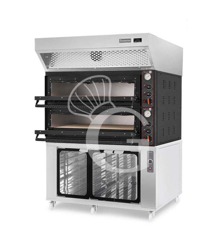 Horno eléctrico mecánico para 6+6 pizzas Ø 350mm – 18 kW,negro, con campana de condensación inox y cámara de fermentación inox