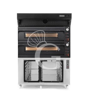 Horno eléctrico mecánico para 6+6 pizzas Ø 350mm 18 kW,negro, con campana de condensación negra,cámara de fermentación inox