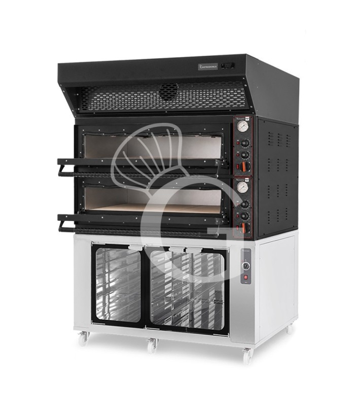 Horno eléctrico mecánico para 6+6 pizzas Ø 350mm 18 kW,negro, con campana de condensación negra,cámara de fermentación inox